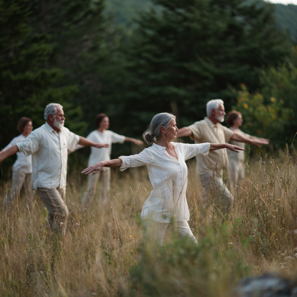 Middle-aged adults practicing gentle movement exercises in natural setting