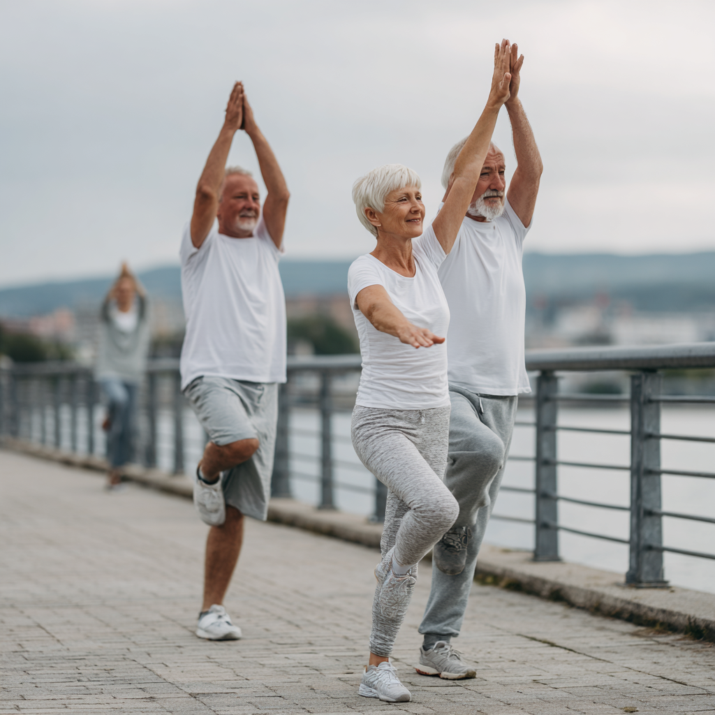 Older adults demonstrating stability and flexibility exercises outdoors
